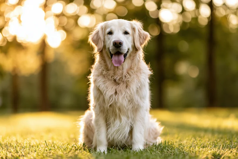 Golden retriever sitting upright on grass in a park with tongue out during golden hour