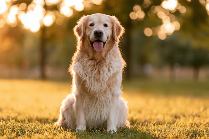 Golden retriever sitting upright on grass in a park with tongue out during golden hour