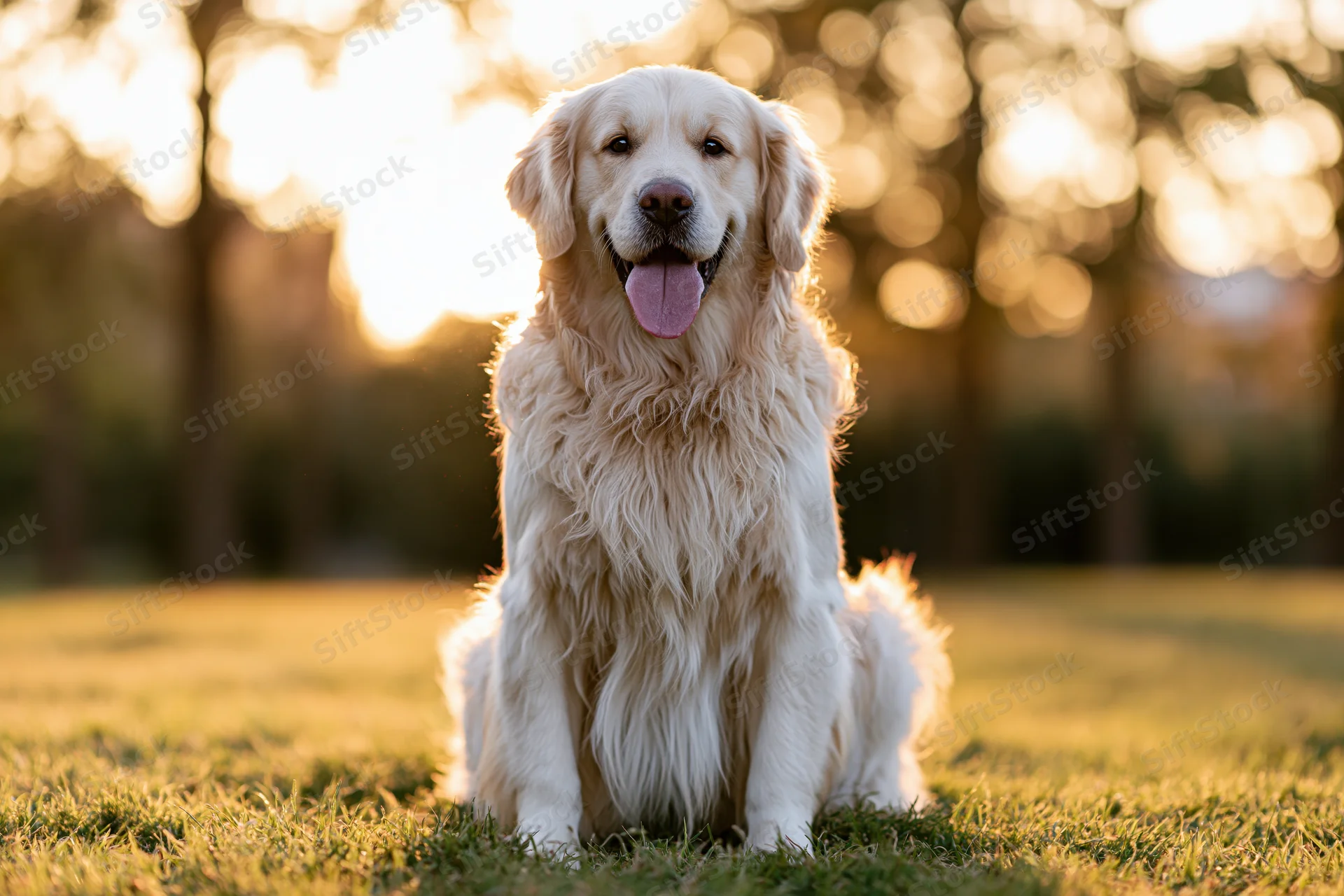 Golden retriever sitting upright on grass in a park with tongue out during golden hour