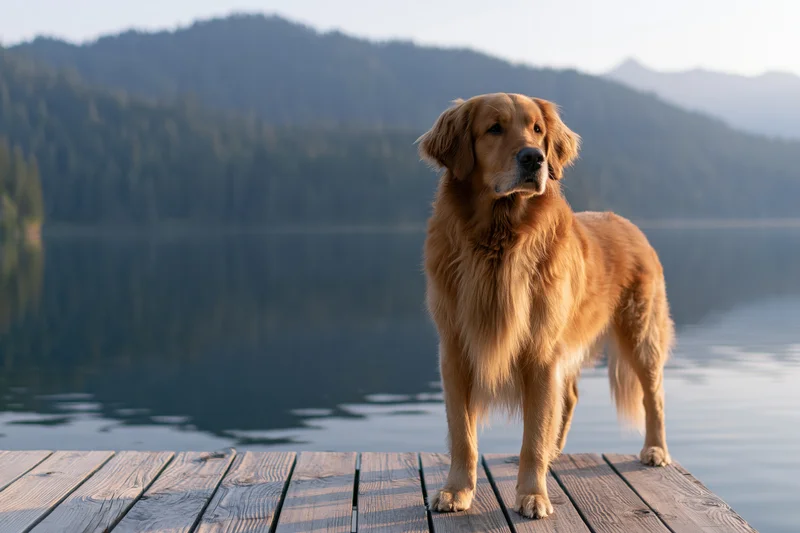 Golden retriever standing alert on wooden dock by calm lake with forested mountains in background