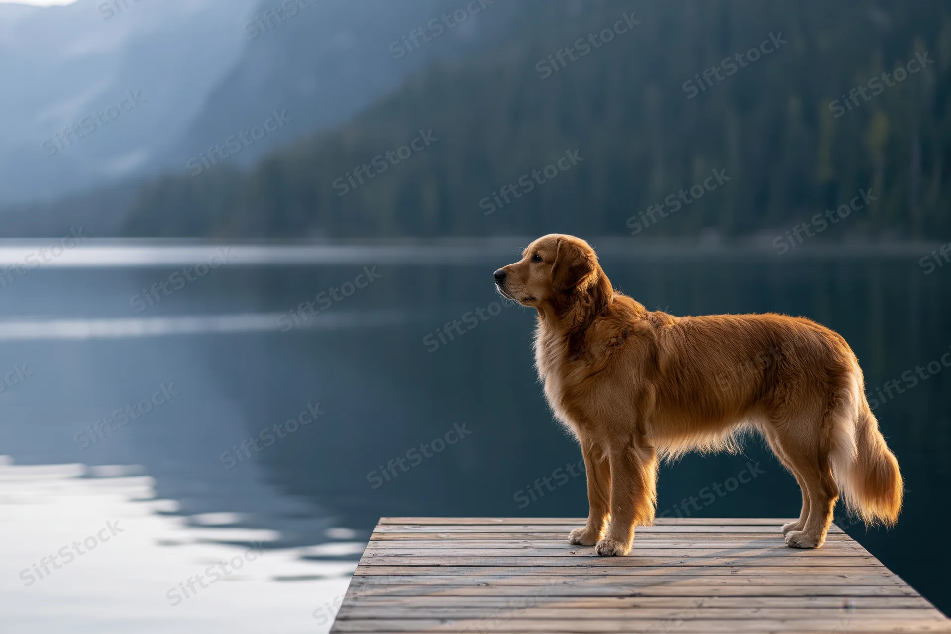 Golden retriever standing alert on wooden dock by calm lake with mountains in background