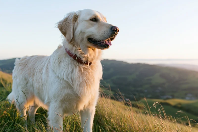 Golden retriever standing alert in tall grass on an open hill