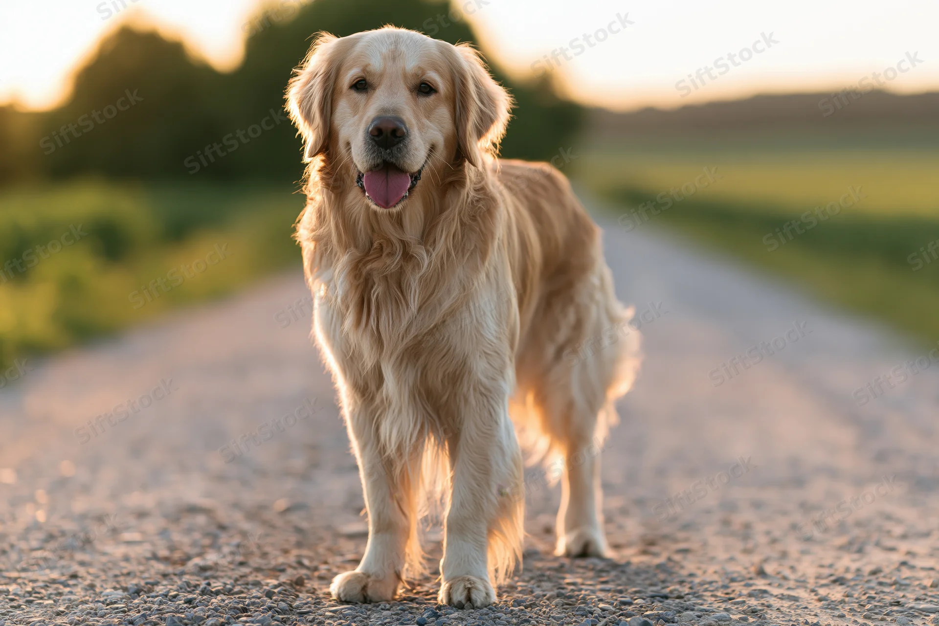 Golden retriever standing on rural gravel road with tongue out at sunset