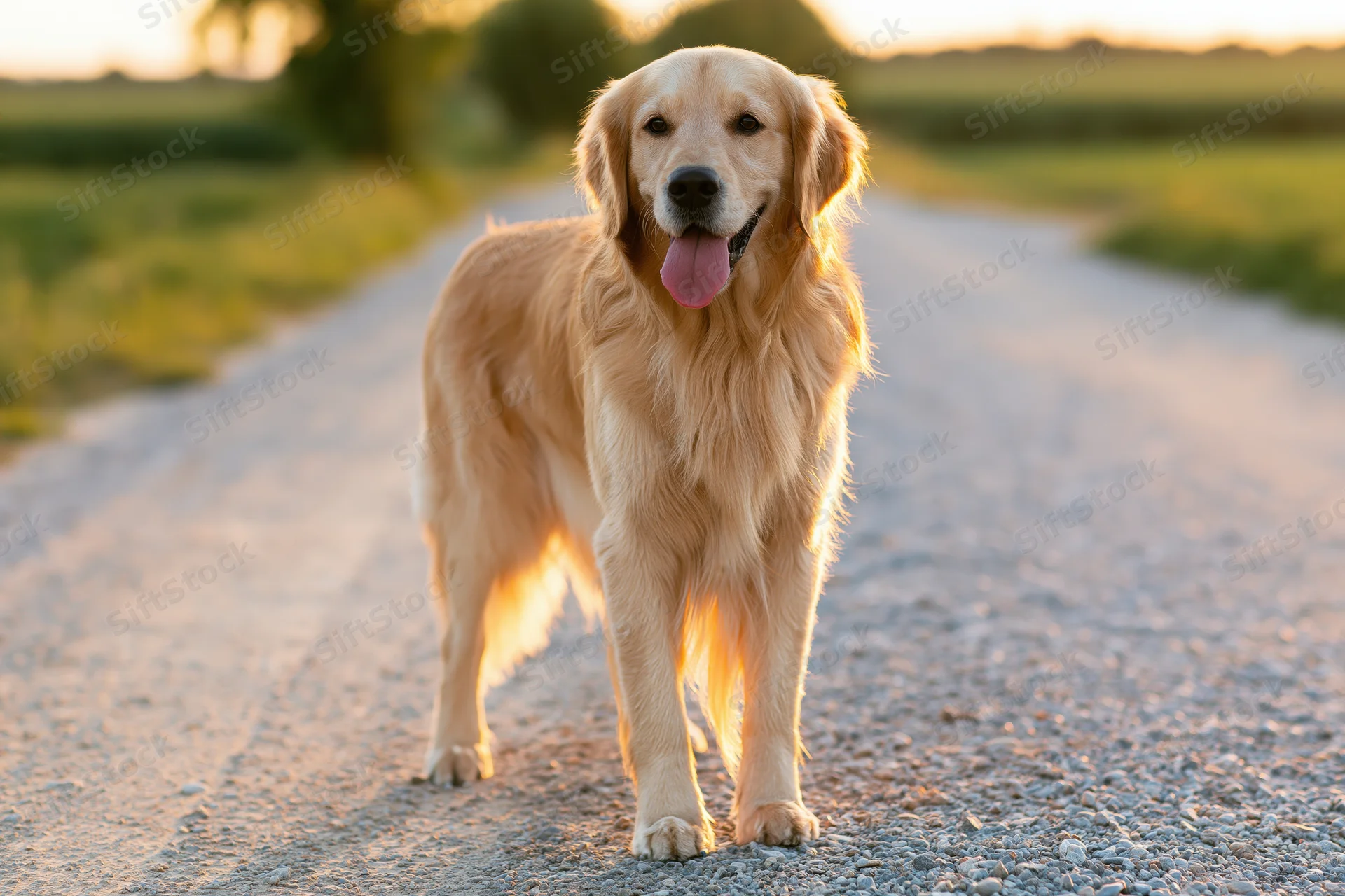 Golden retriever standing on rural gravel road with tongue out in golden hour light