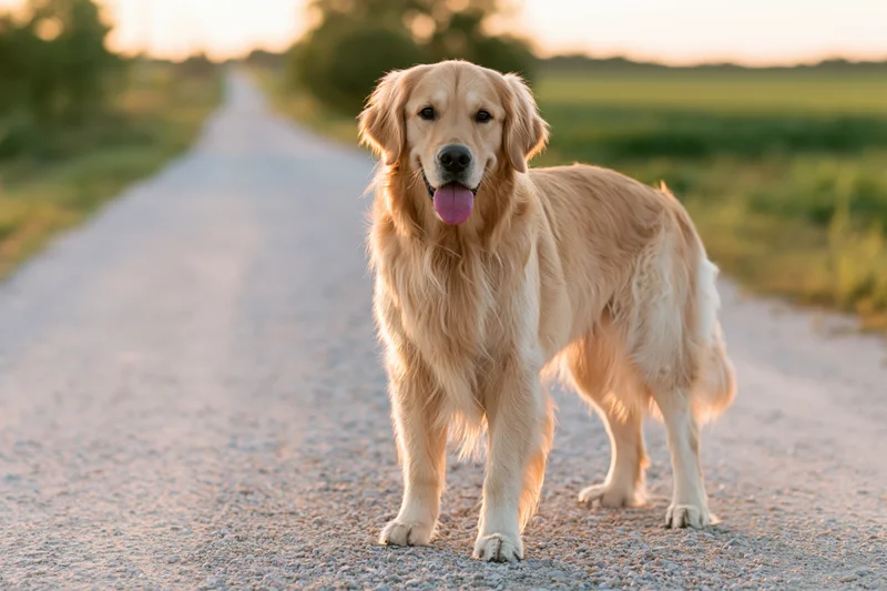 Golden retriever standing on rural gravel road with tongue out at sunset