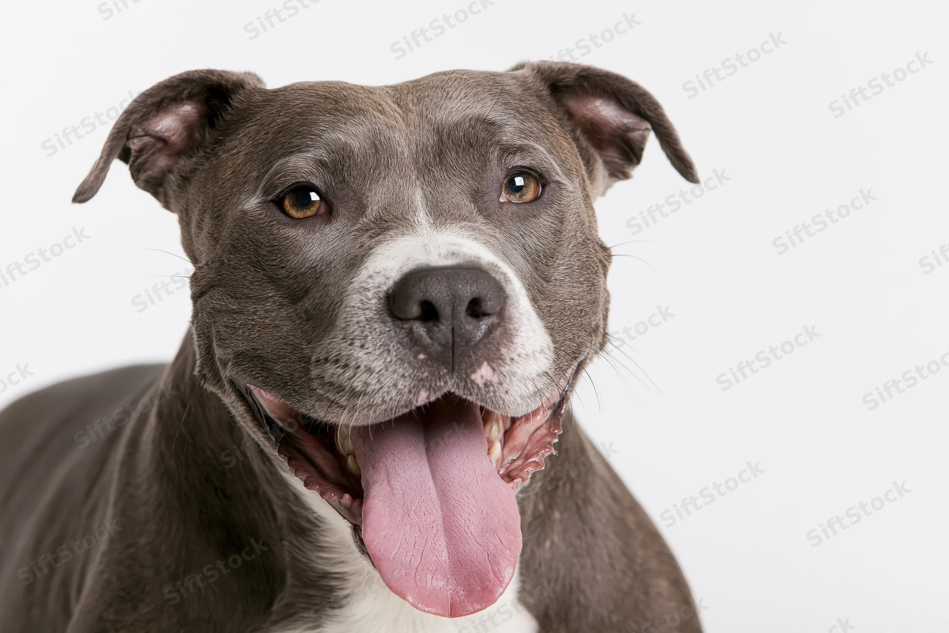 Grey and white mixed-breed dog panting with tongue out in studio portrait