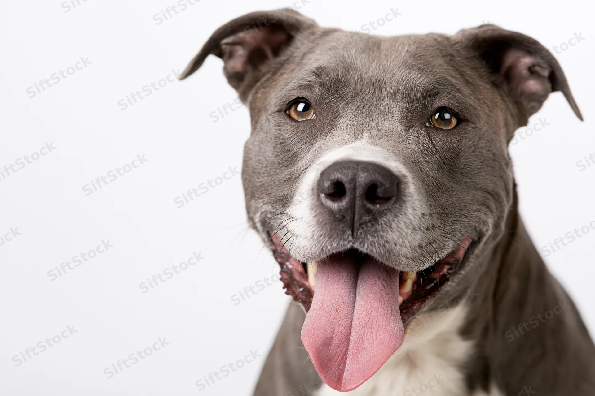 Grey and white mixed-breed dog panting with tongue out in studio portrait