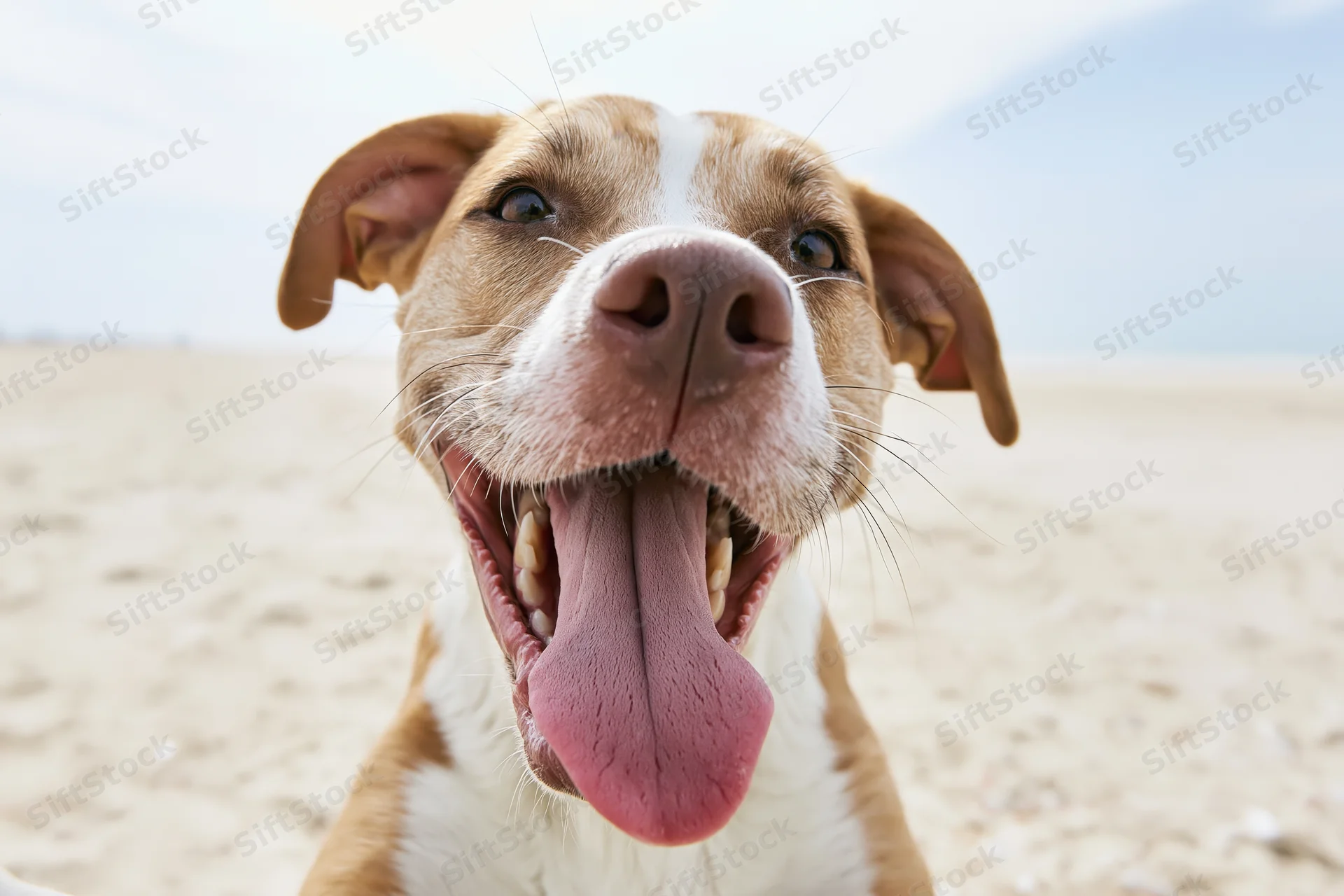 Happy mixed-breed dog panting with tongue out on sandy beach