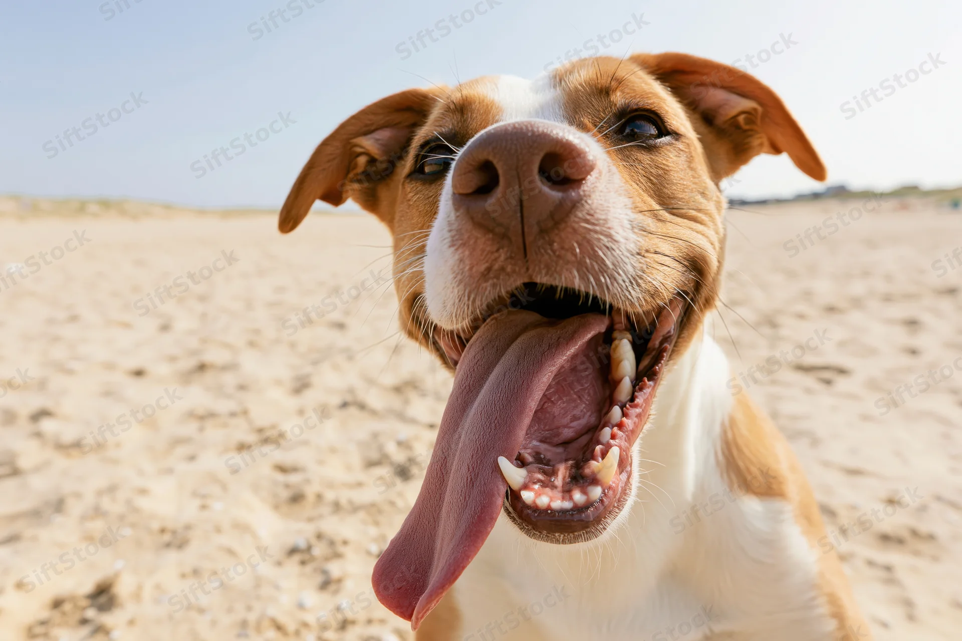 Happy mixed-breed dog panting with tongue out on sandy beach