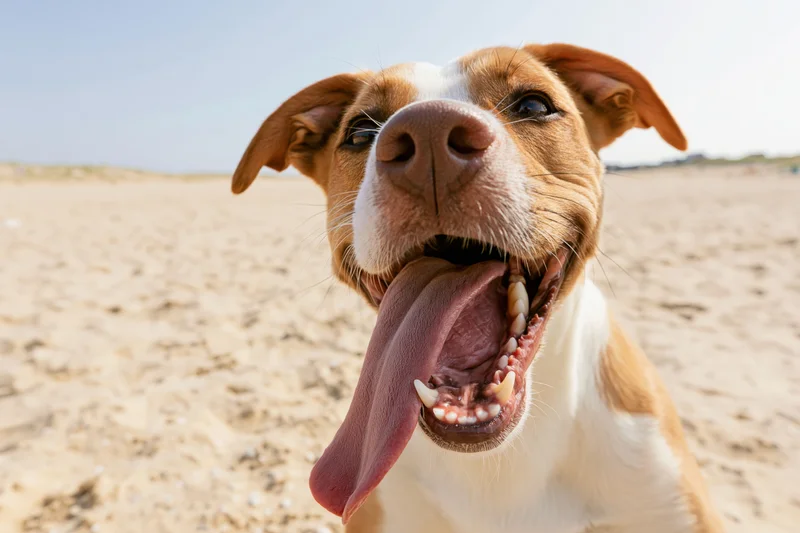 Happy mixed-breed dog panting with tongue out on sandy beach
