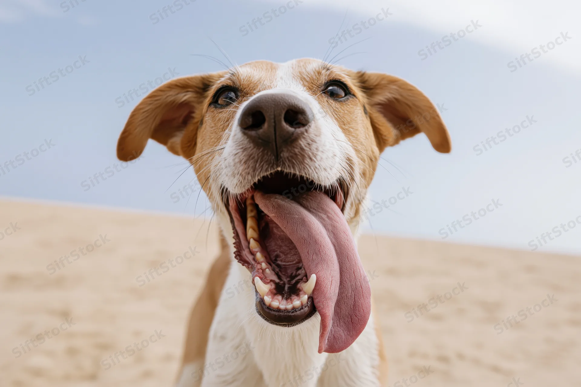 Happy mixed-breed dog panting with mouth open on sandy beach