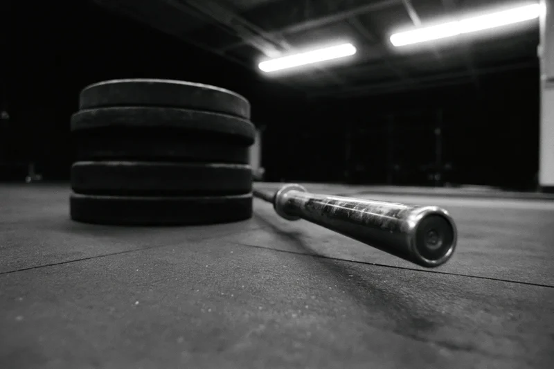 Steel barbell lying beside stacked iron weight plates on gym floor