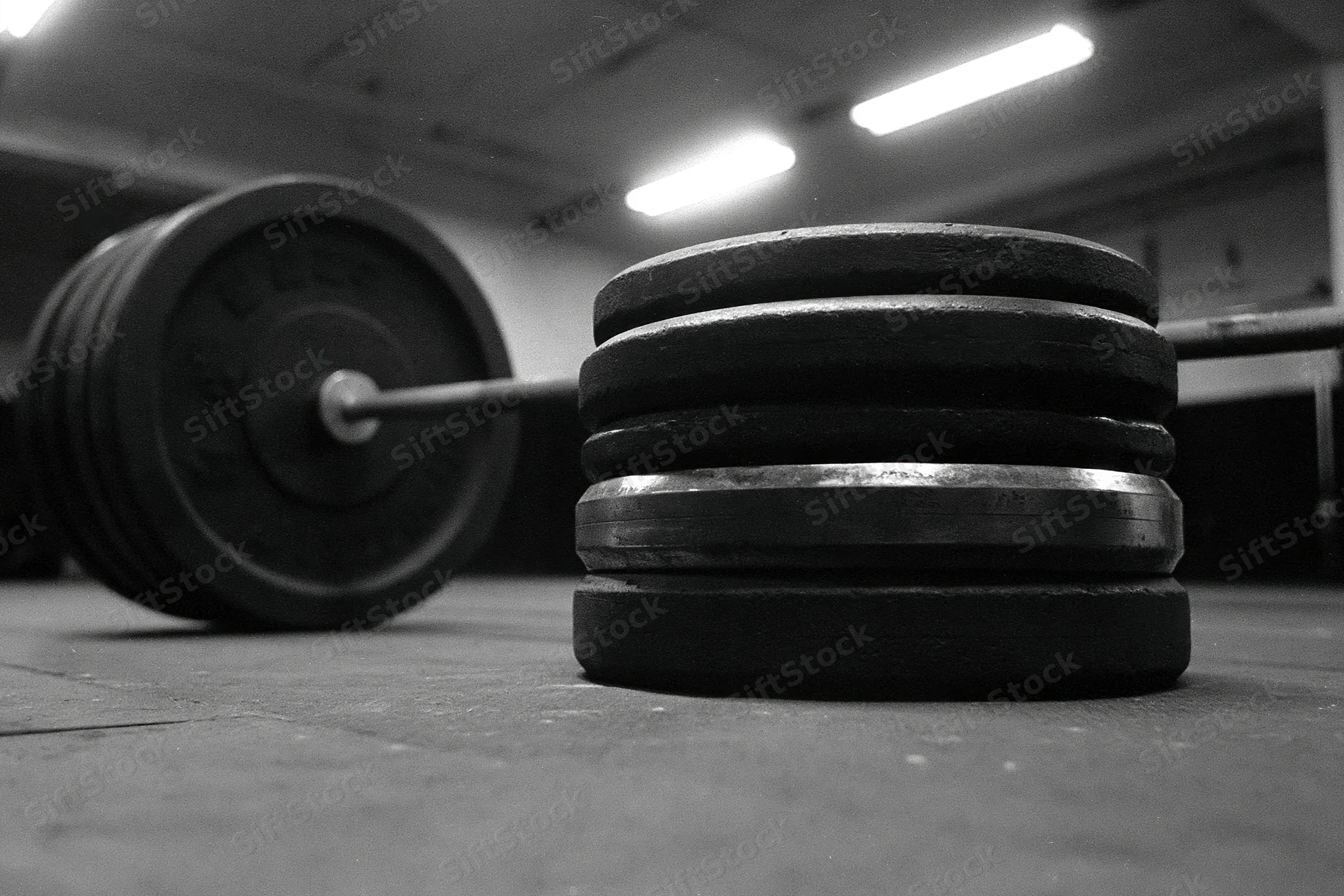 Stacked iron weight plates beside a steel barbell on a gym floor