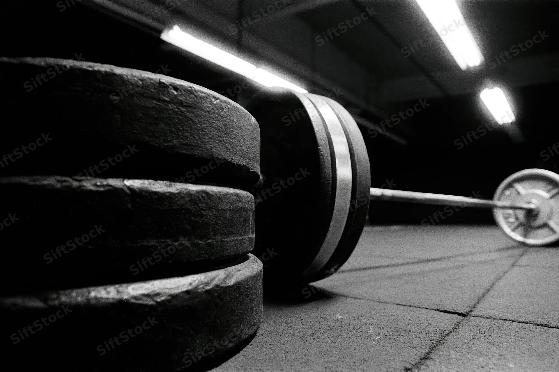 Stacked iron weight plates beside a steel barbell on gym floor under fluorescent lights