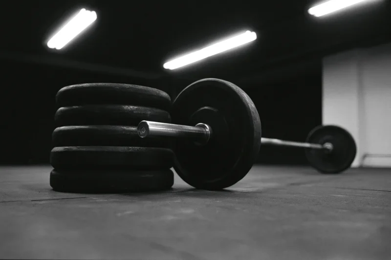 Stacked weight plates beside a steel barbell on gym floor under fluorescent lights