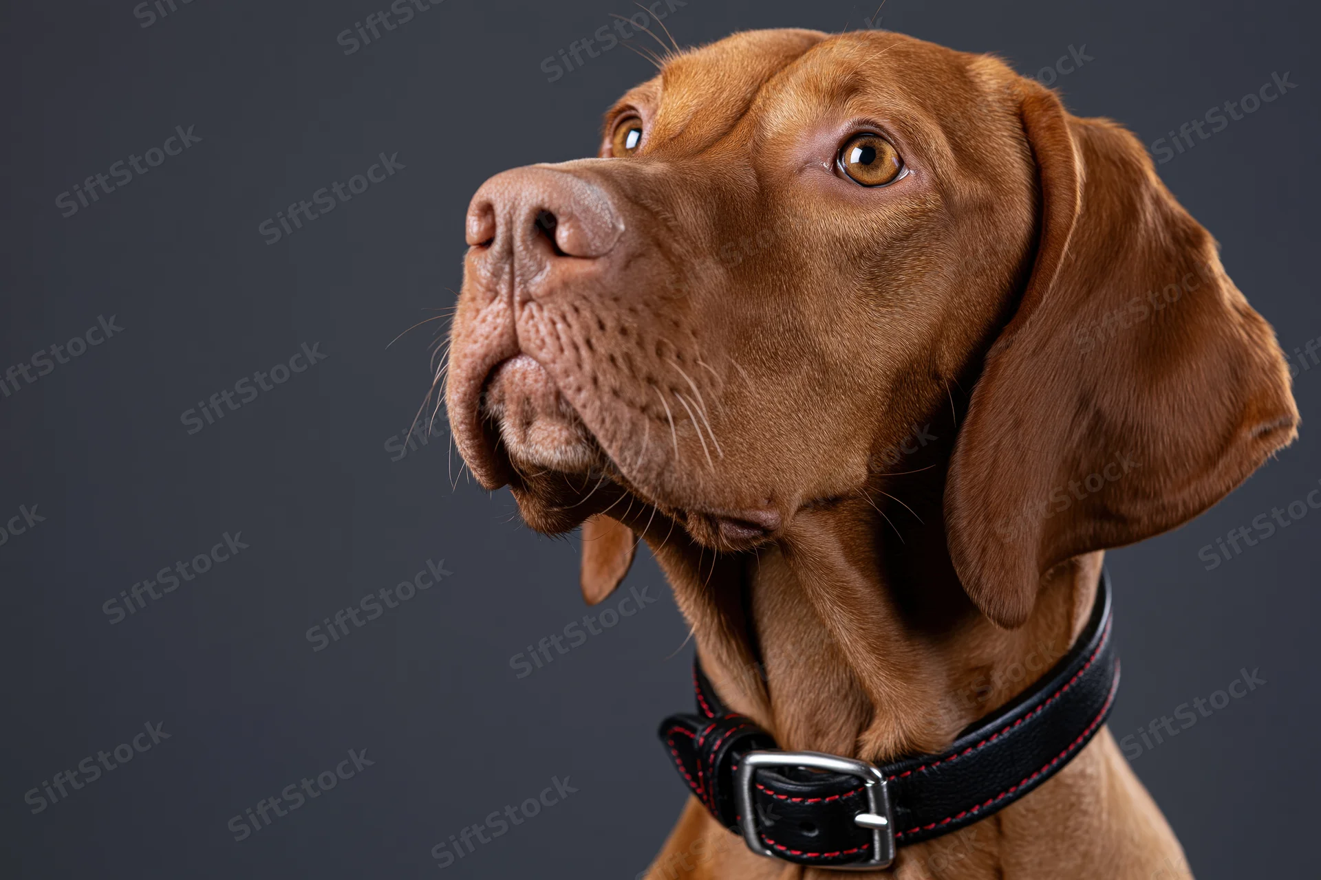 Hungarian vizsla dog looking upward with chin raised in studio portrait