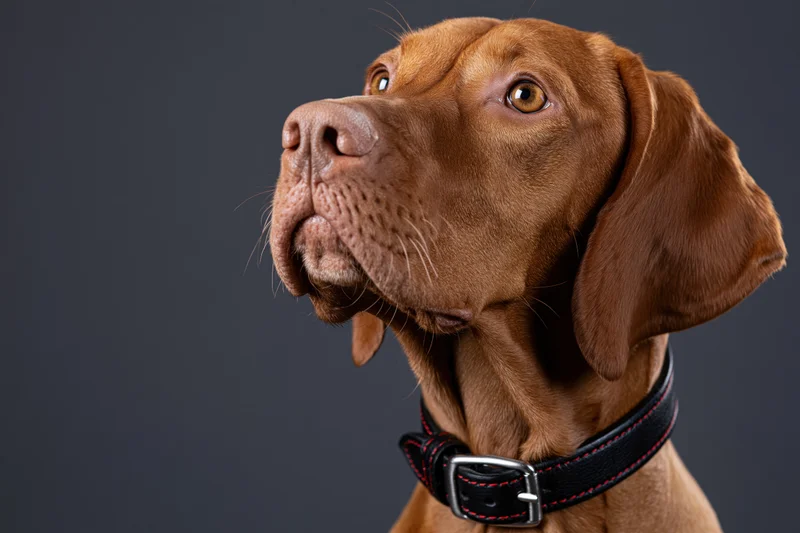 Hungarian vizsla dog looking upward with chin raised in studio portrait