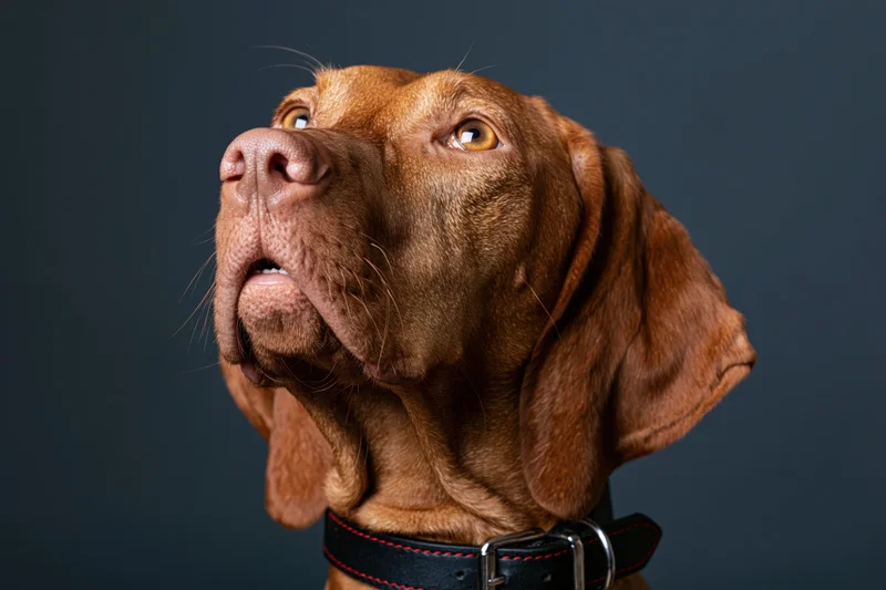 Hungarian vizsla dog looking upward with chin raised against dark background