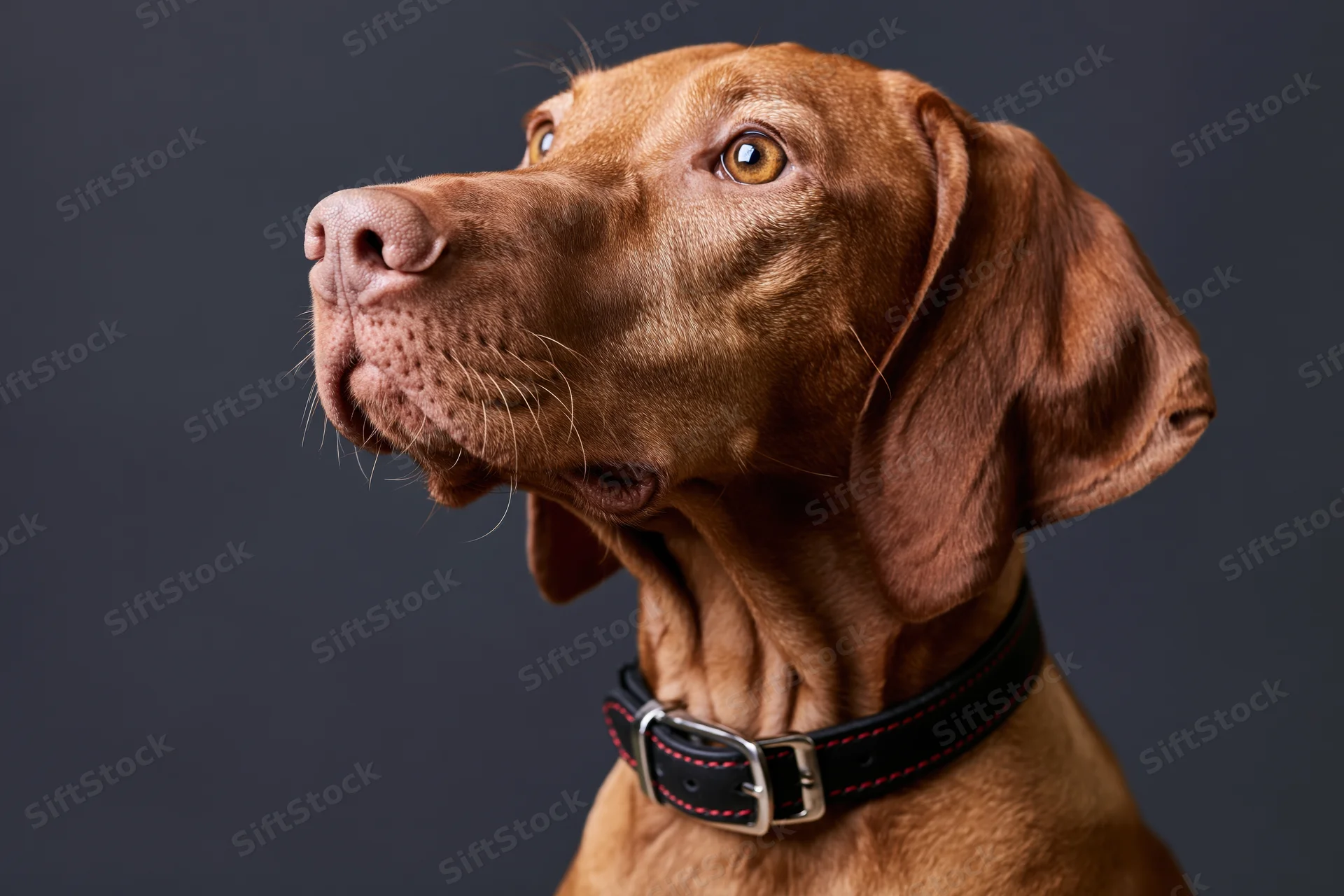 Hungarian vizsla dog looking upward with chin raised against dark background
