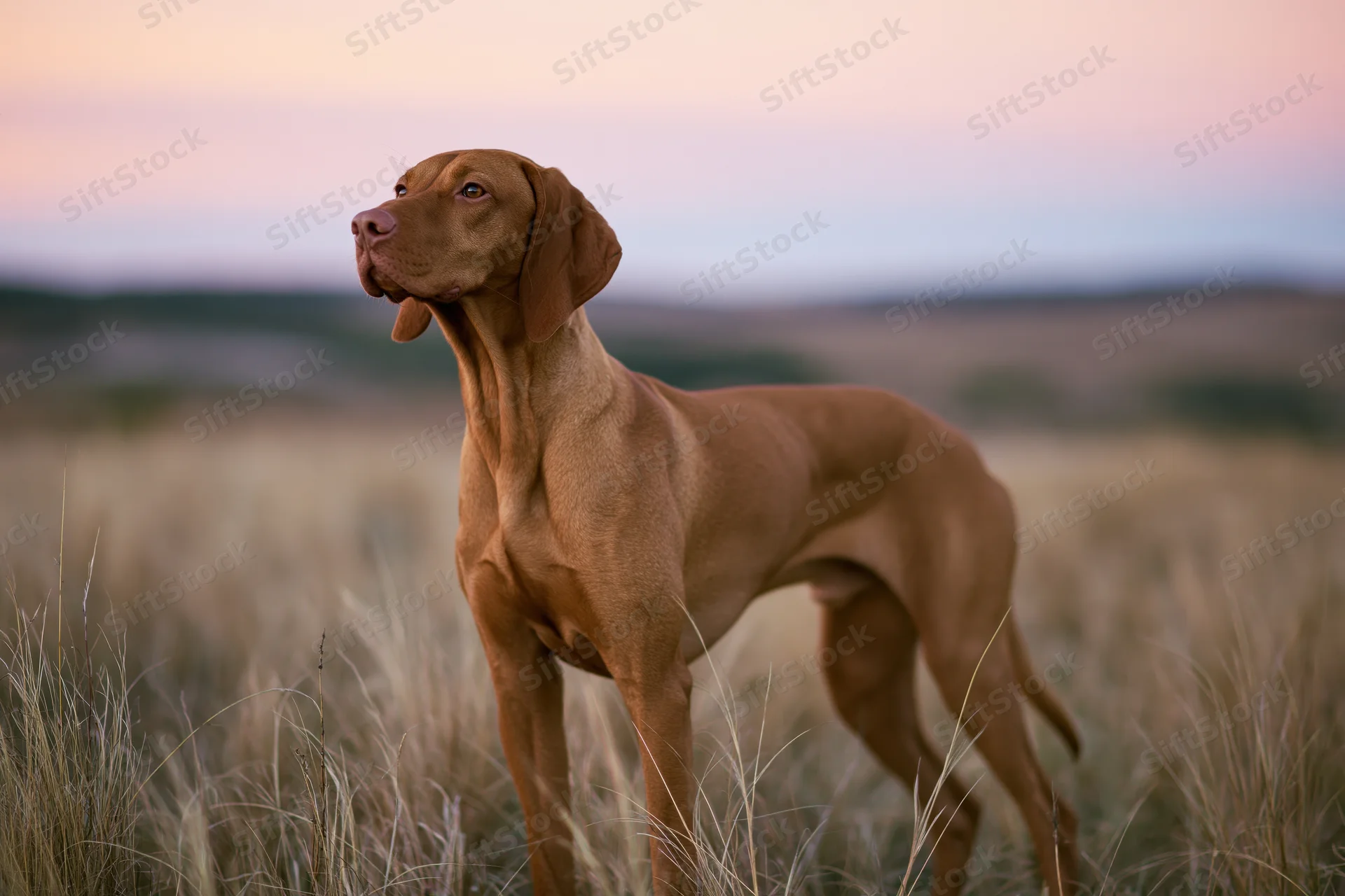 Hungarian vizsla dog standing alert in tall dry meadow grass at dusk