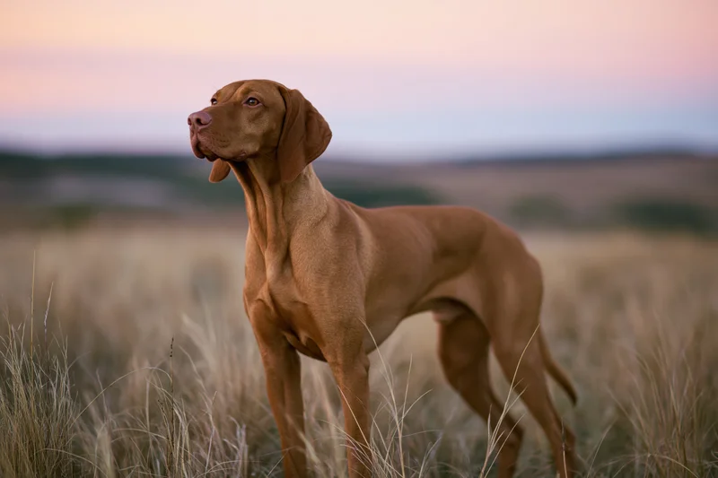 Hungarian vizsla dog standing alert in tall dry meadow grass at dusk