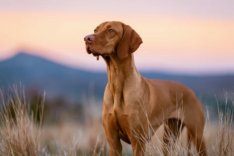 Hungarian vizsla dog standing alert in tall dry meadow grass at dusk