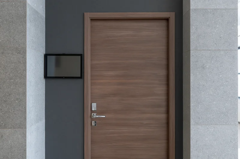 Flush wood-grain door with digital screen and metal handle in a modern hallway