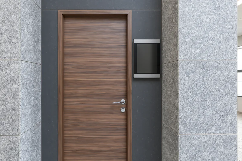 Flush wood-grain door with metal handle and intercom in a modern hallway with gray stone walls
