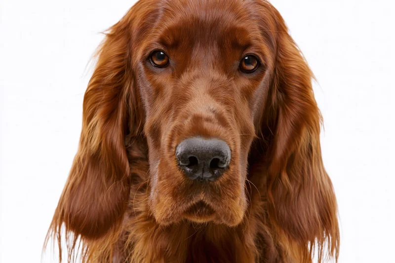 Irish setter dog facing camera directly in close-up portrait against white background