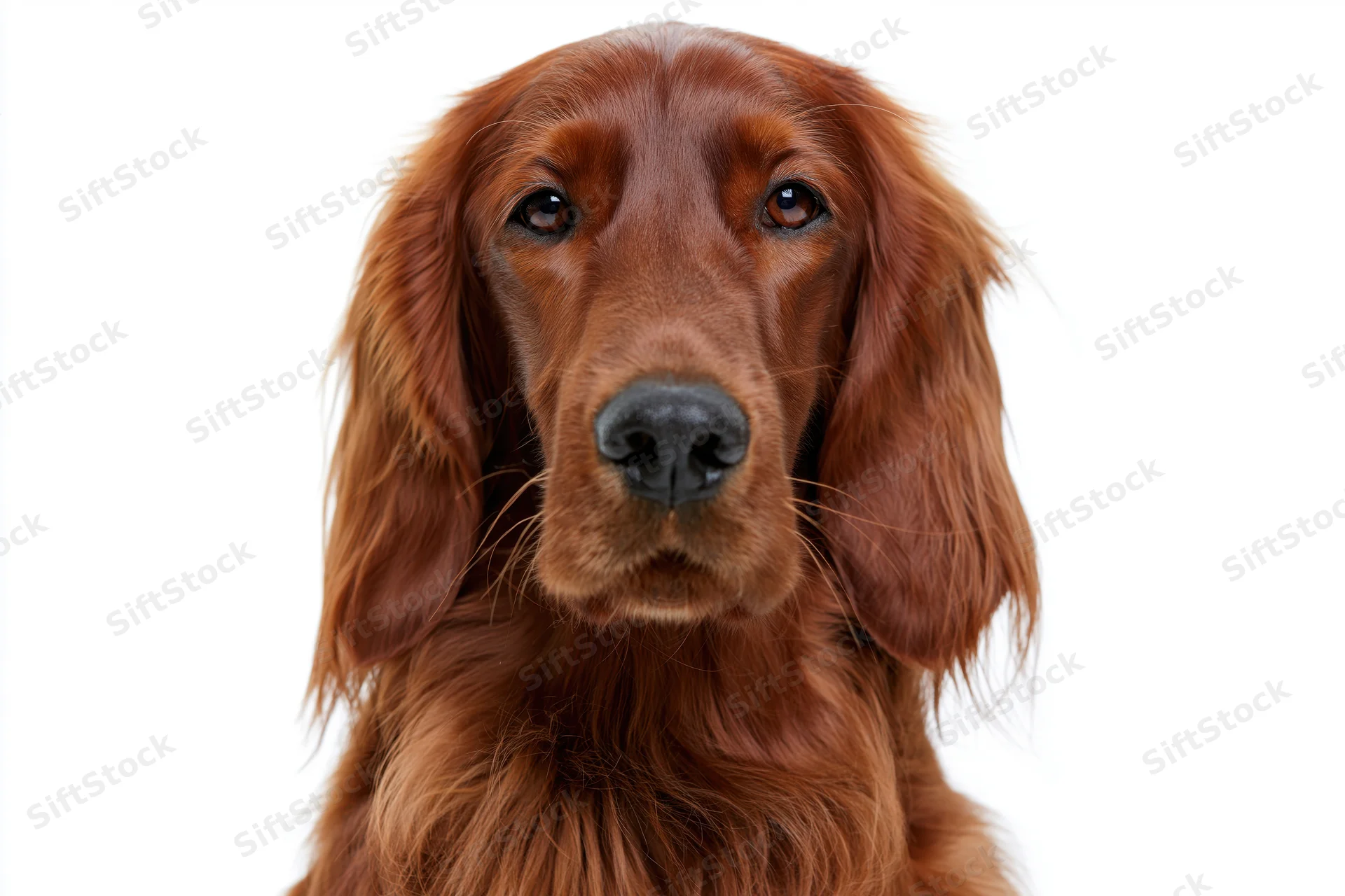 Irish setter dog facing camera directly in close-up portrait against white background