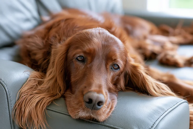 Irish setter resting chin on sofa armrest lying fully stretched