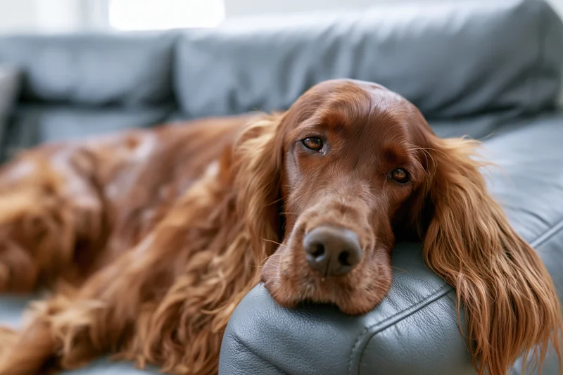 Irish setter resting chin on sofa armrest lying fully stretched