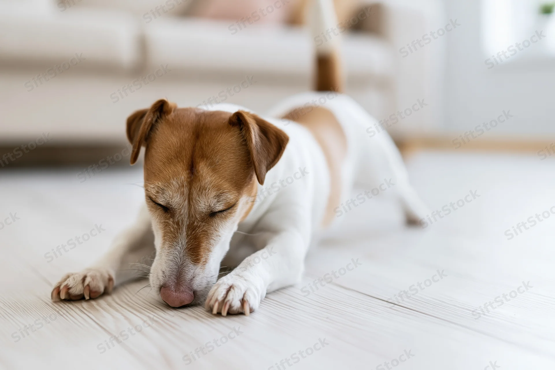 Jack russell terrier stretching in play bow position on light wooden floor in living room