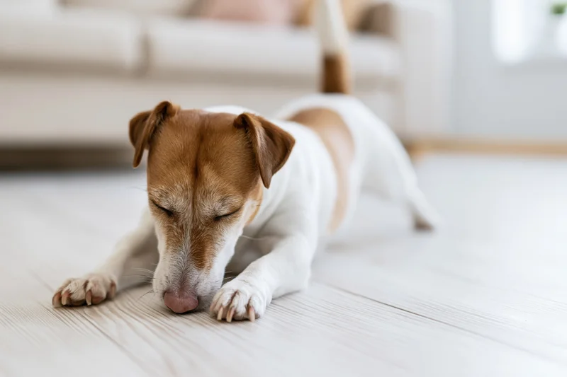 Jack russell terrier stretching in play bow position on light wooden floor in living room