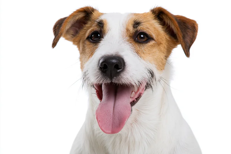 Jack russell terrier with open mouth and tongue out facing camera in studio portrait