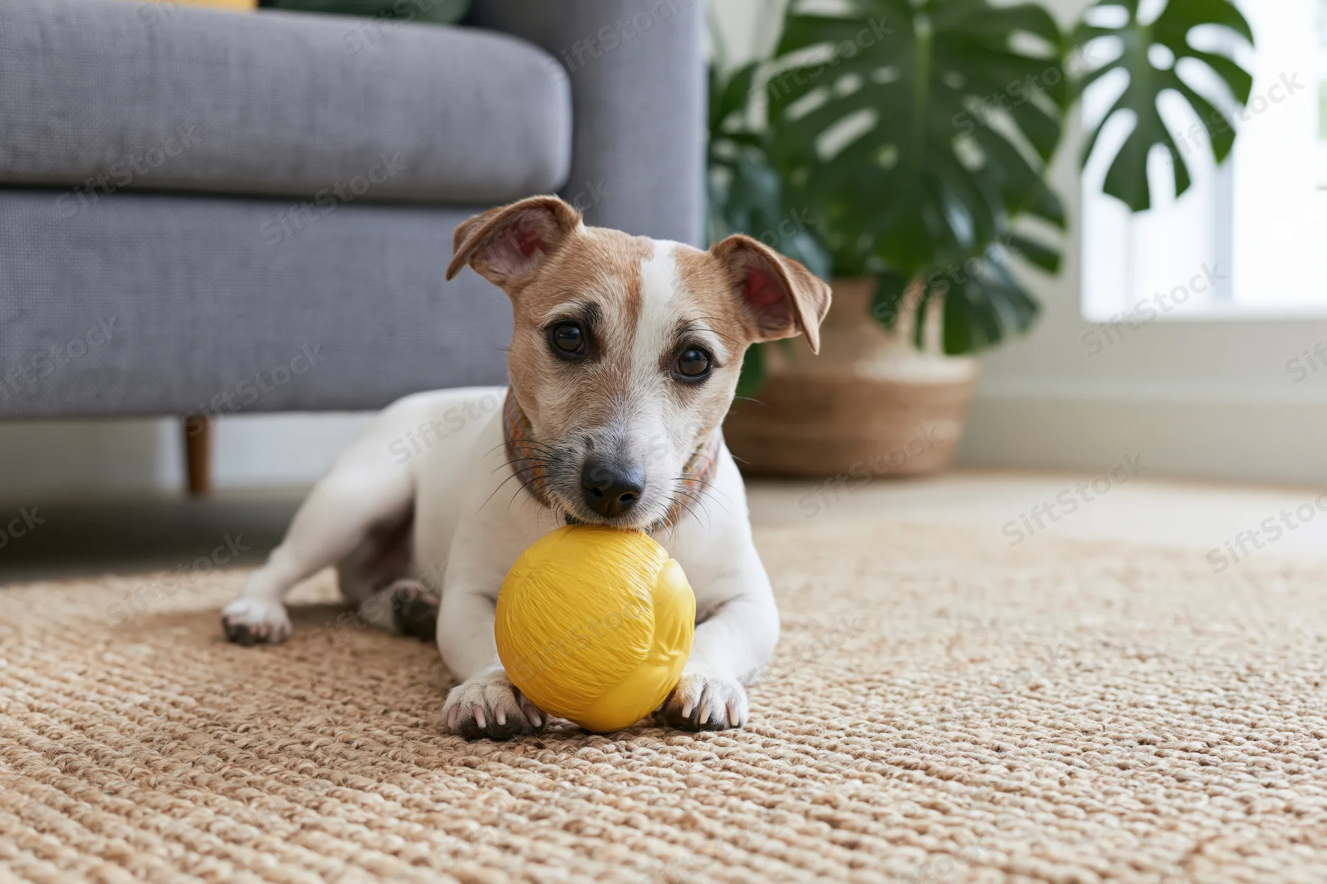 Jack russell terrier lying on woven jute rug holding yellow ball indoors