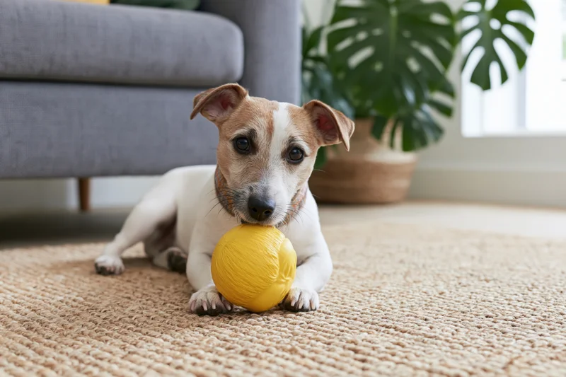 Jack russell terrier lying on woven jute rug holding yellow ball indoors