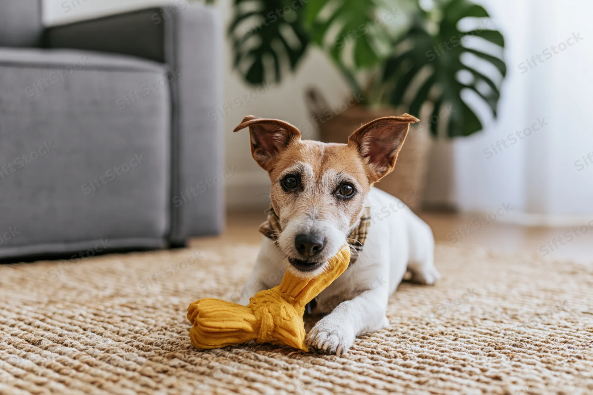 Jack russell terrier lying on woven jute rug chewing yellow toy
