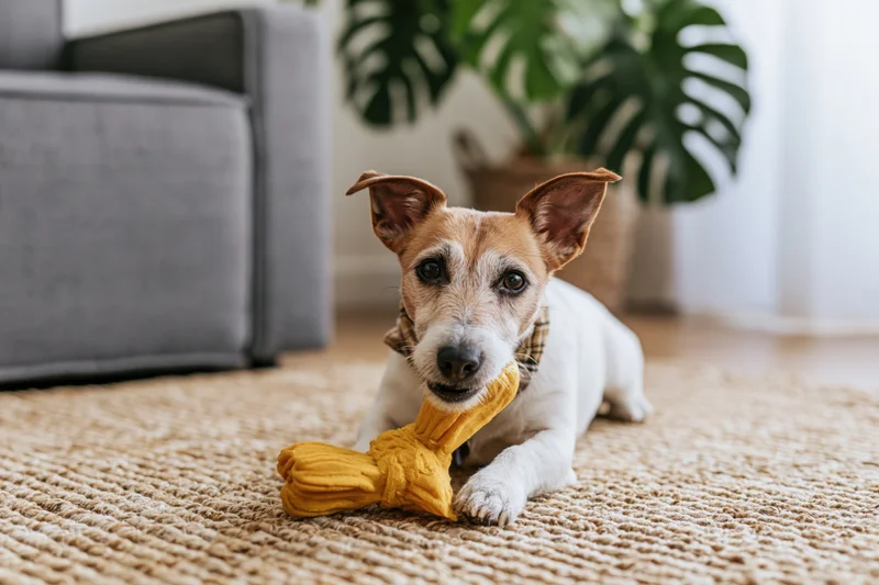 Jack russell terrier lying on woven jute rug chewing yellow toy