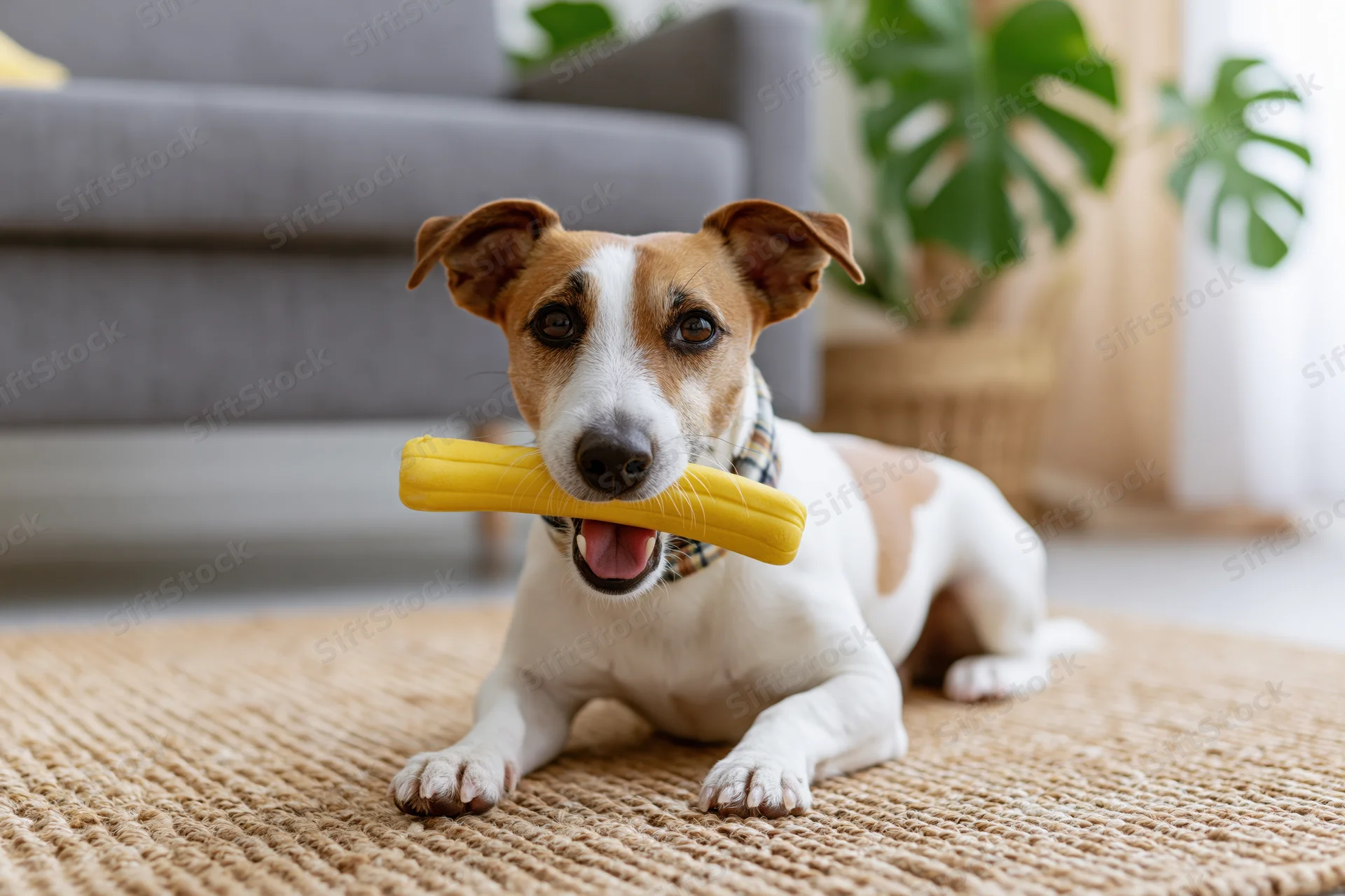 Jack russell terrier lying on woven jute rug holding yellow chew toy in mouth