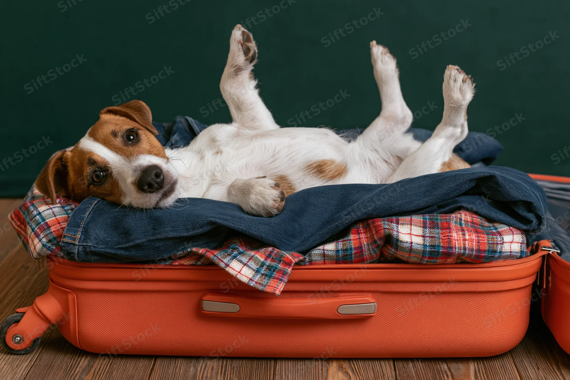 Jack russell terrier lying on its back inside open orange suitcase filled with clothes on wooden floor