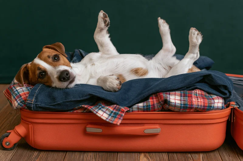 Jack russell terrier lying on its back inside open orange suitcase filled with clothes on wooden floor