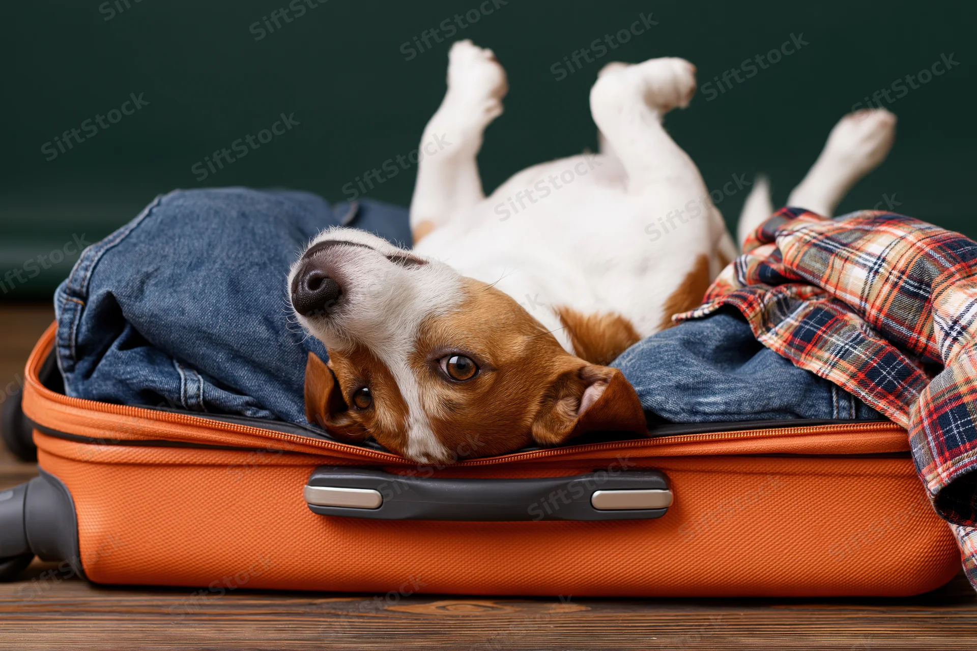 Jack russell terrier lying on its back inside open orange suitcase filled with clothes on wooden floor