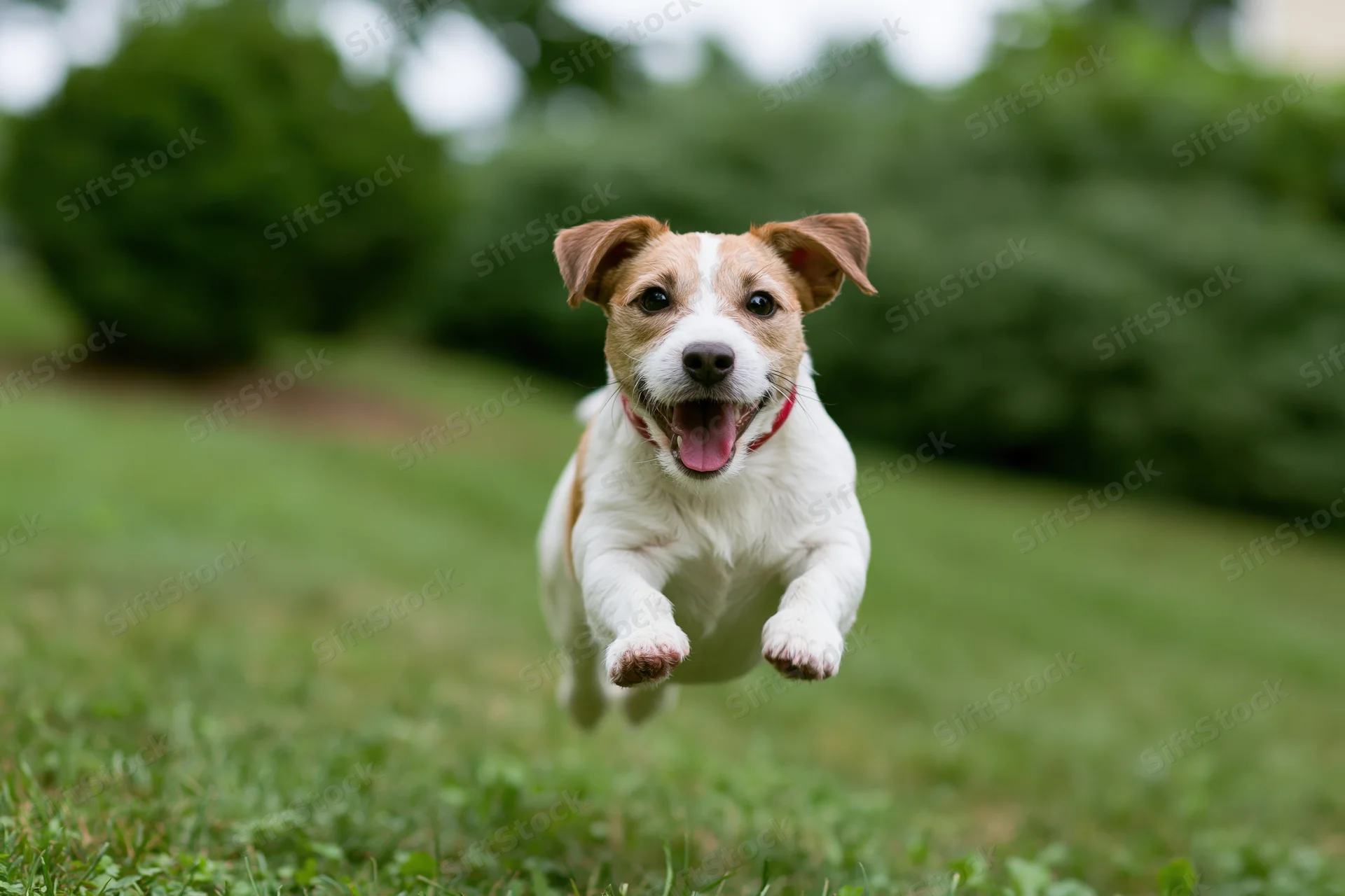 Jack russell terrier mid-leap running toward camera on grassy lawn