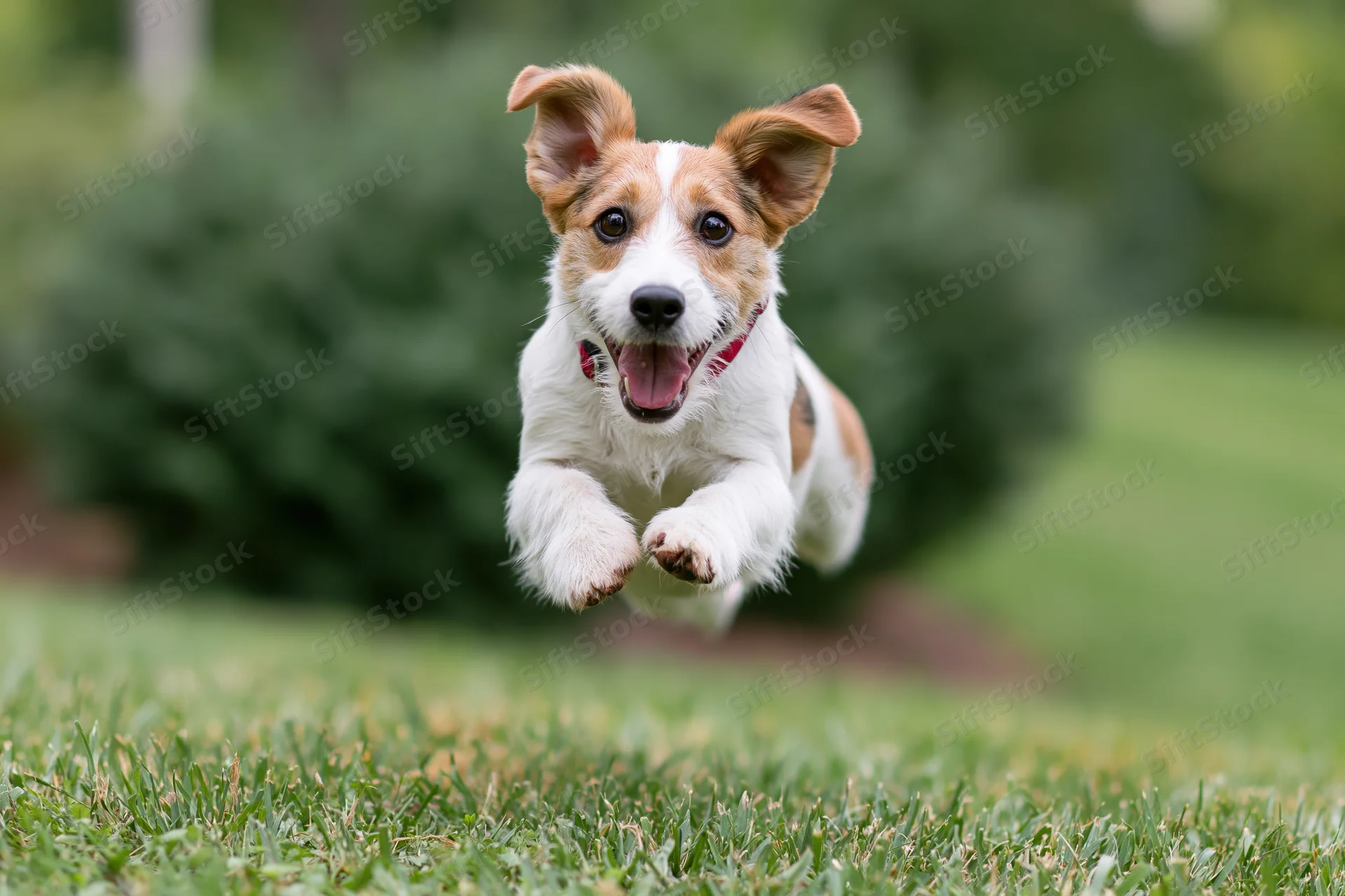 Jack russell terrier mid-leap running toward camera on grassy lawn