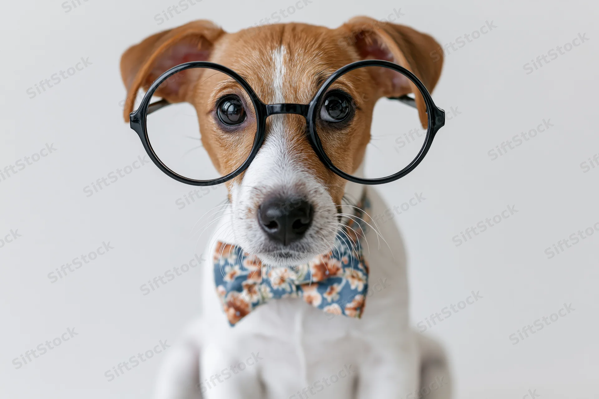 Jack russell puppy wearing oversized glasses and a floral bowtie, sitting upright against a white background