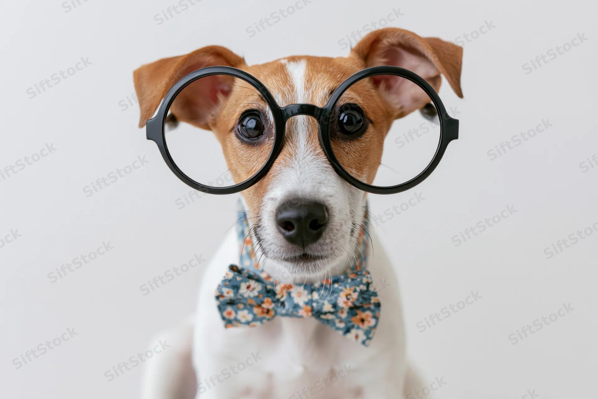 Jack russell puppy wearing oversized glasses and a floral bowtie in a studio portrait