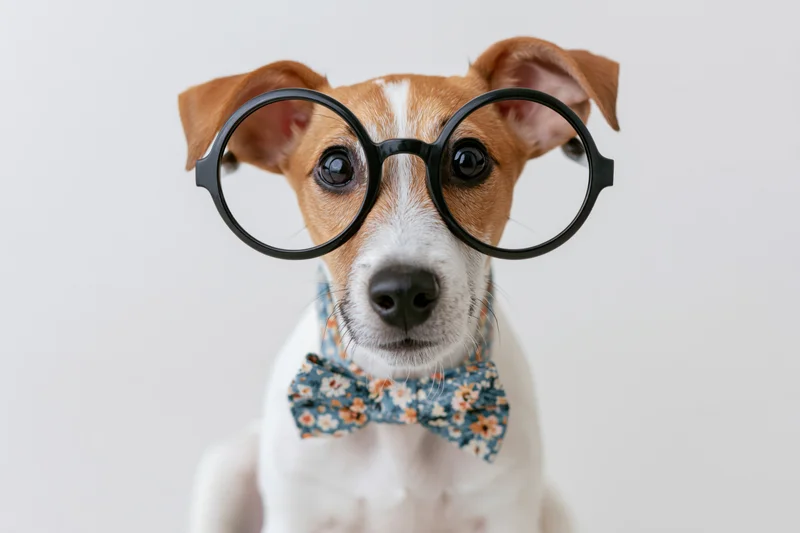 Jack russell puppy wearing oversized glasses and a floral bowtie in a studio portrait