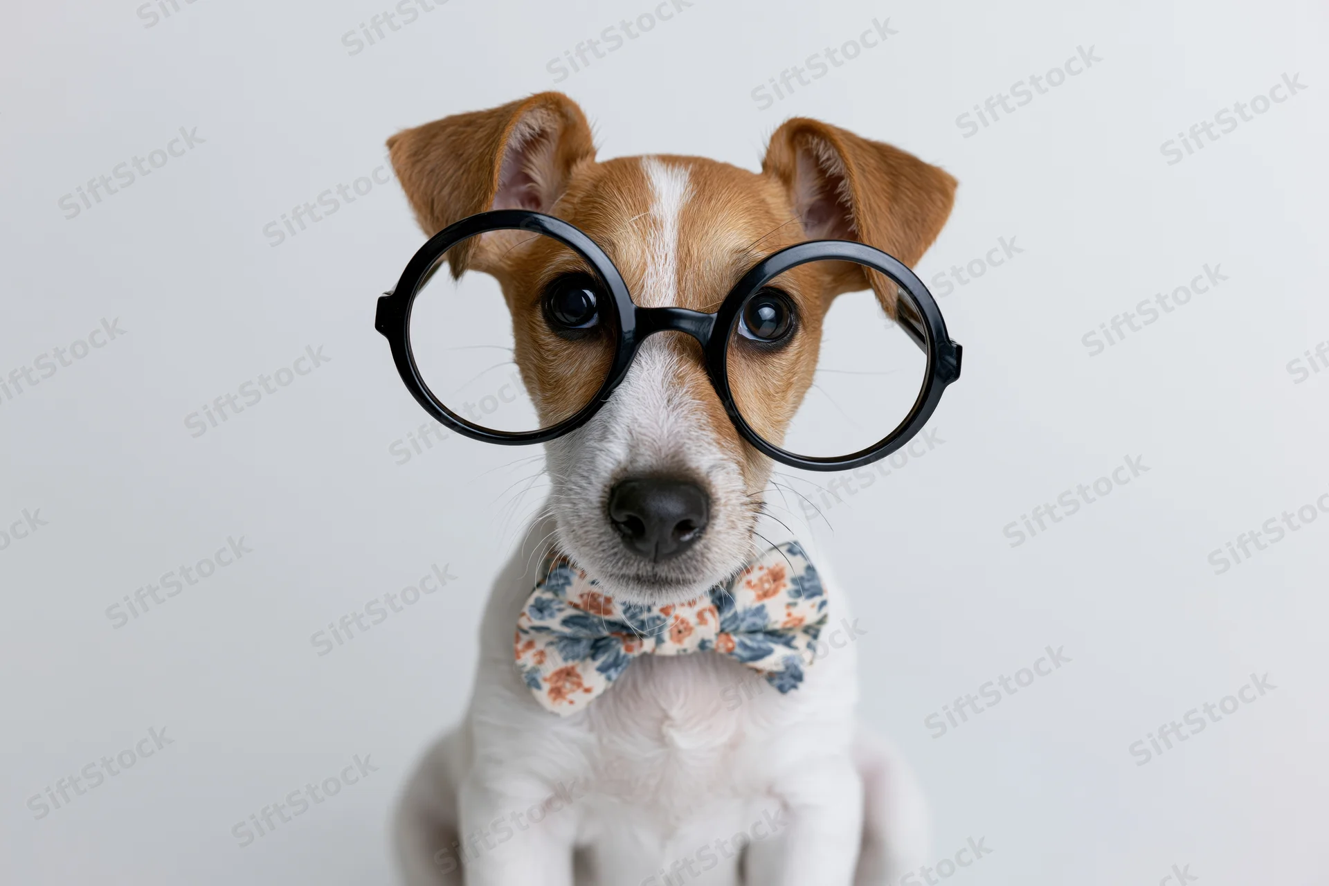 Jack russell puppy wearing oversized glasses and a floral bowtie, sitting upright against a white background