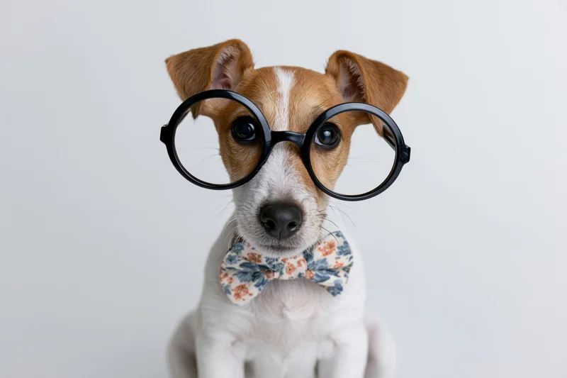 Jack russell puppy wearing oversized glasses and a floral bowtie, sitting upright against a white background